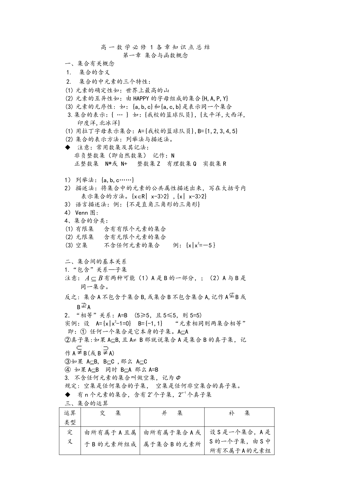 高一数学必修一各章知识点总结