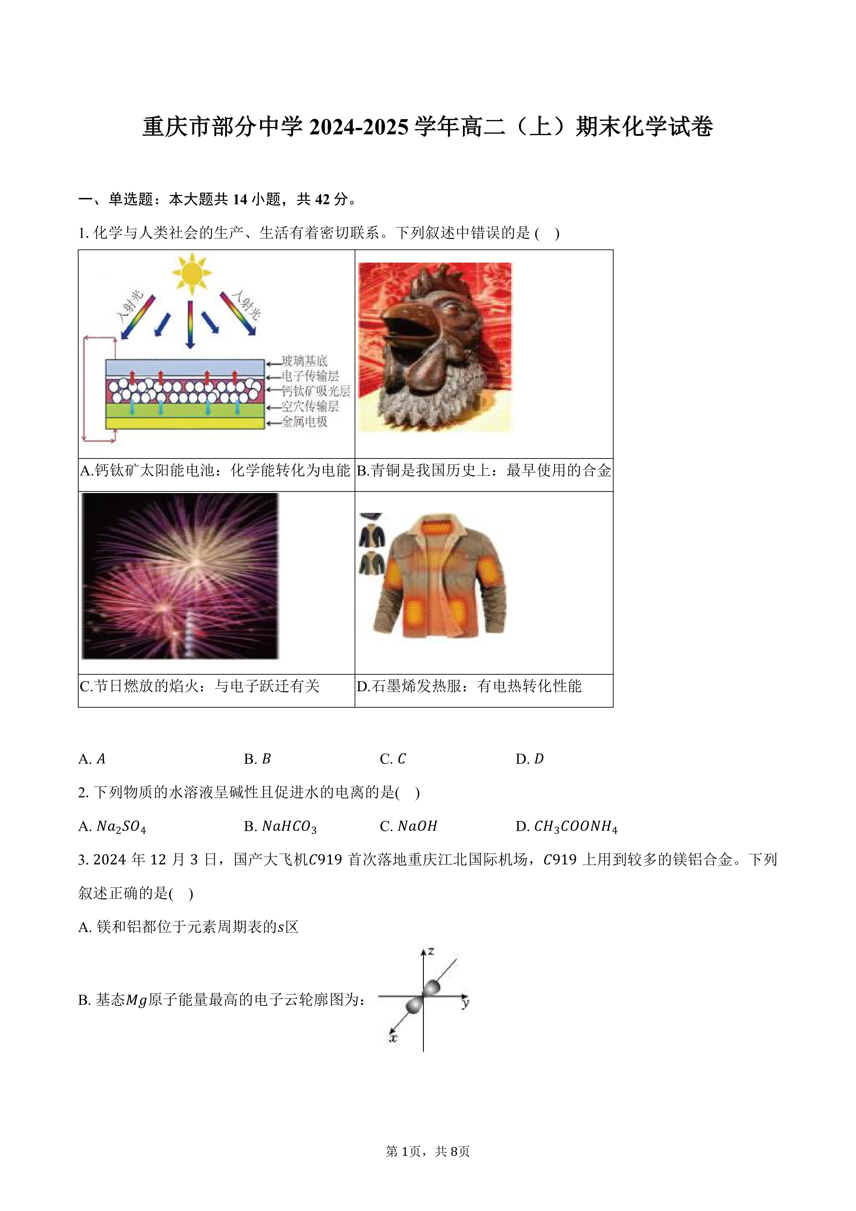 重庆市部分中学2024-2025学年高二(上)期末化学试卷