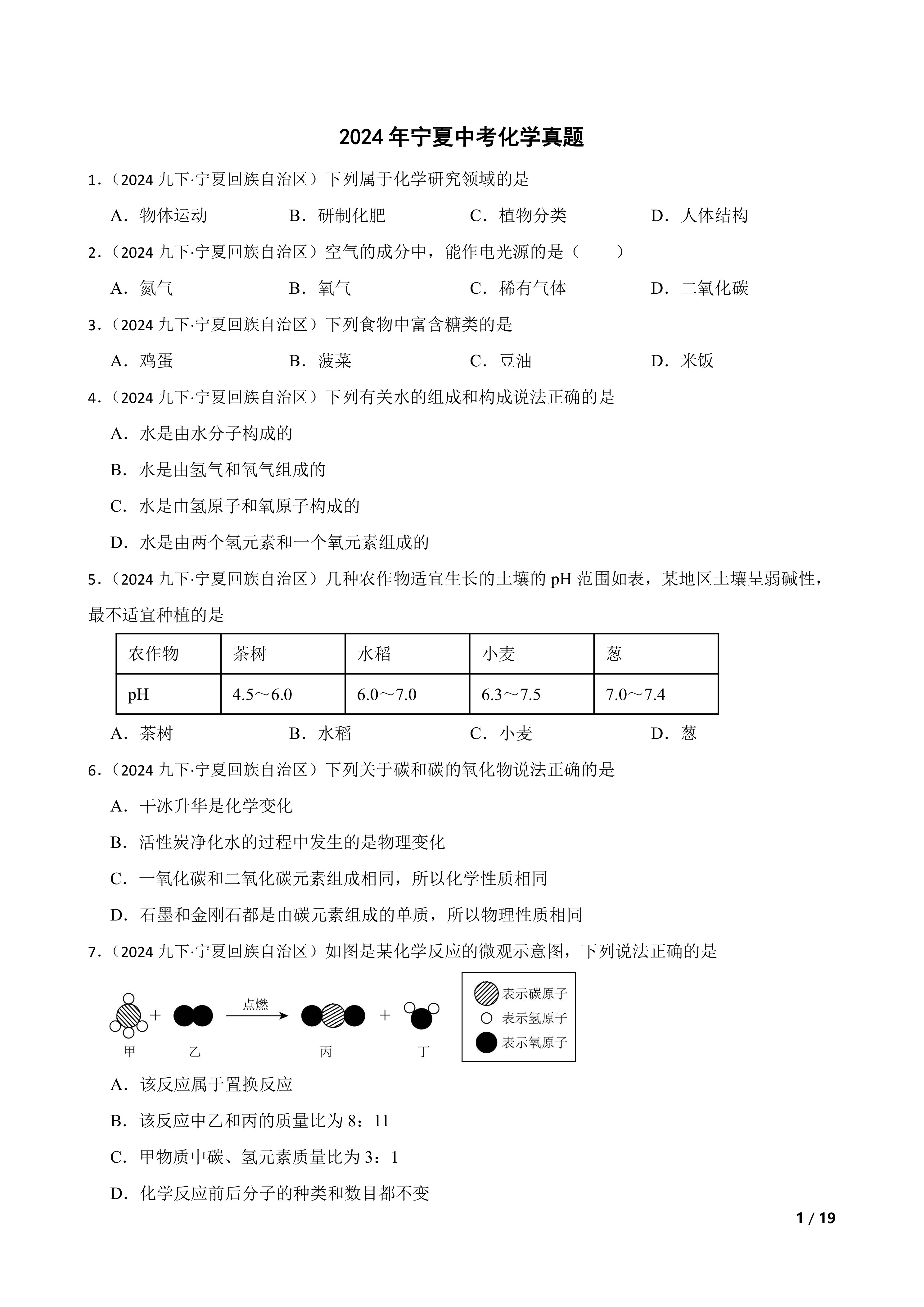 2024年宁夏中考化学真题
