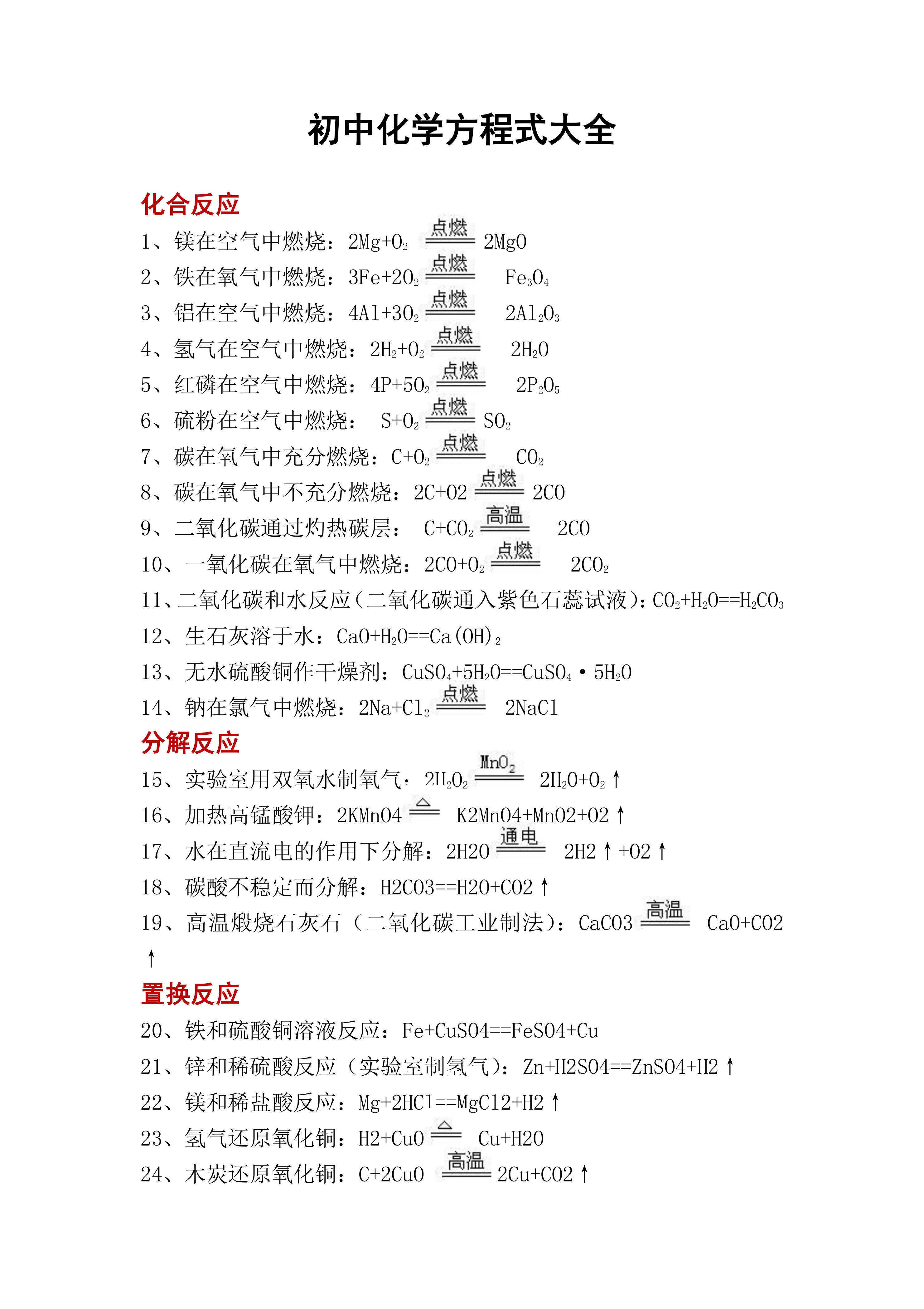 人教版初中化学方程式大全