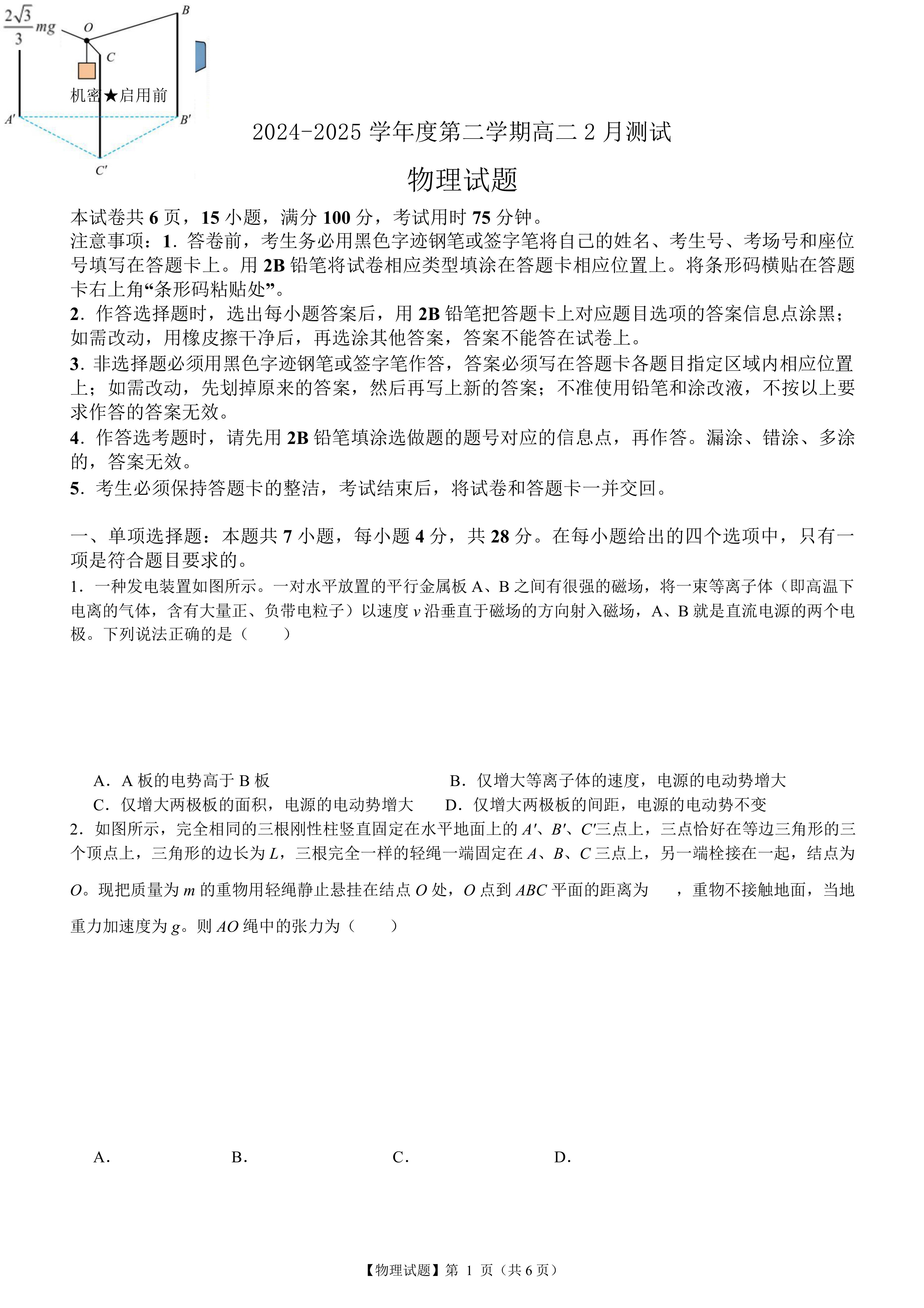 广东省阳江市高新区2024-2025学年高二下学期2月测试物理试卷(含答案)
