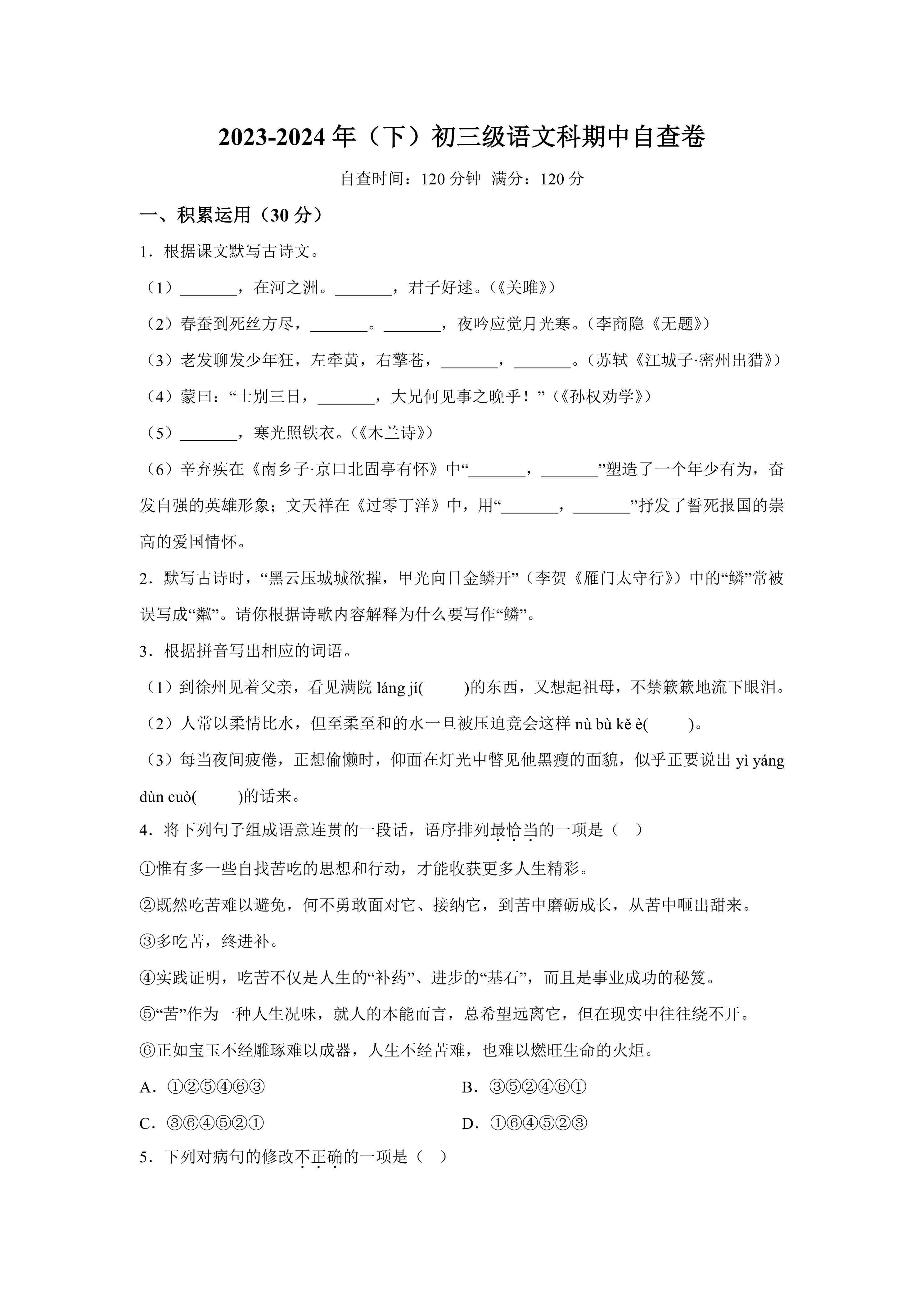 2024年广东省省东莞市长安实验中学中考二模语文试题(含解析)